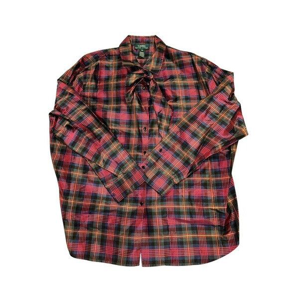 Lauren Ralph Lauren Silk‎ Womens  Red Plaid Blouse Tie Neck 3x - Picture 1 of 6